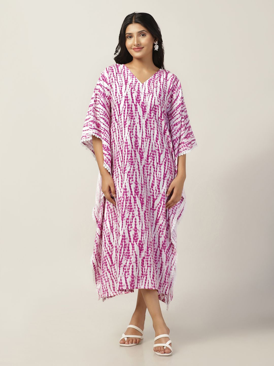 

FASHION DREAM Print Kimono Sleeve Kaftan Midi Dress, Pink