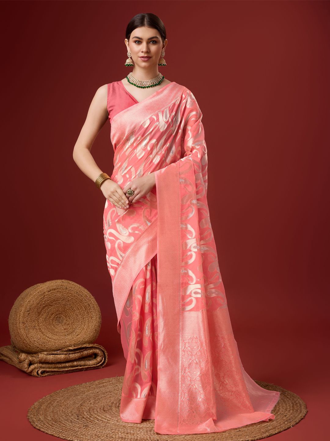 

Fashion Petals Woven Design Zari Tussar Saree, Pink