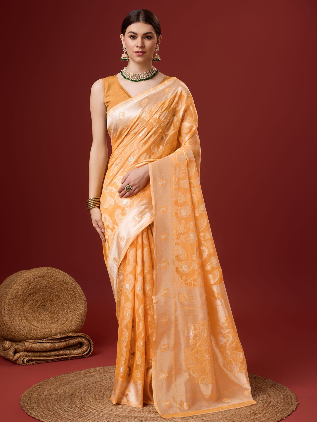 

Fashion Petals Woven Design Zari Tussar Saree, Orange