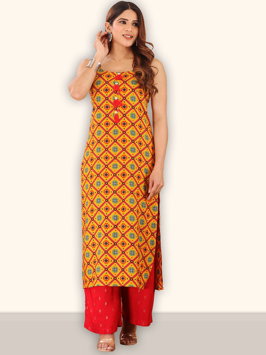 

HERE&NOW Women Geometric Checked Sequinned Kurta, Mustard