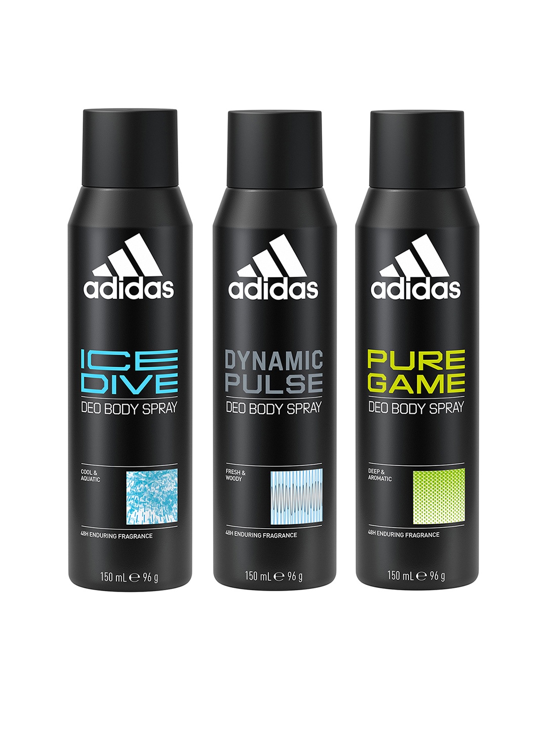 

ADIDAS Men Set Of 3 Long Lasting Deo Body Spray - Pure Game+ Dynamic+ Ice Dive - 96g Each, Black