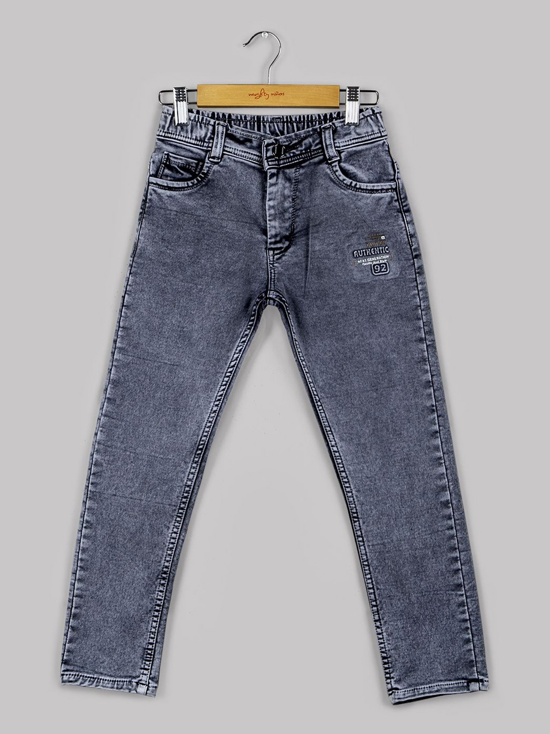 

Naughty Ninos Boys Original Slim Fit Heavy Fade Applique Stretchable Jeans, Grey