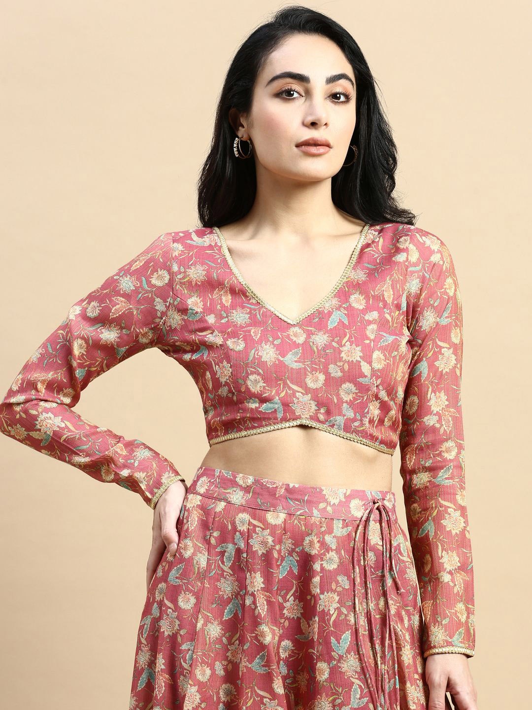 

De Moza Floral Printed Saree Blouse, Pink