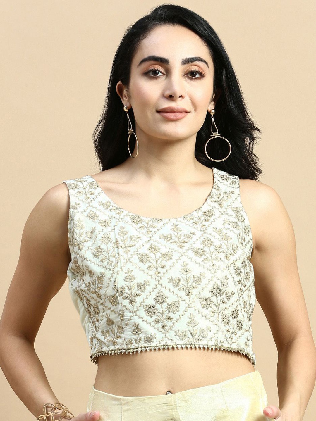 

De Moza Embroidered Sleeveless Saree Blouse, Beige