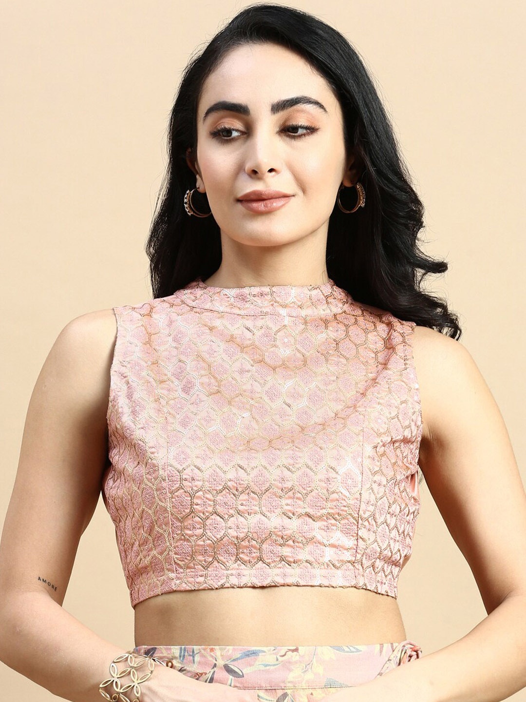 

De Moza Woven-Design Saree Blouse, Pink