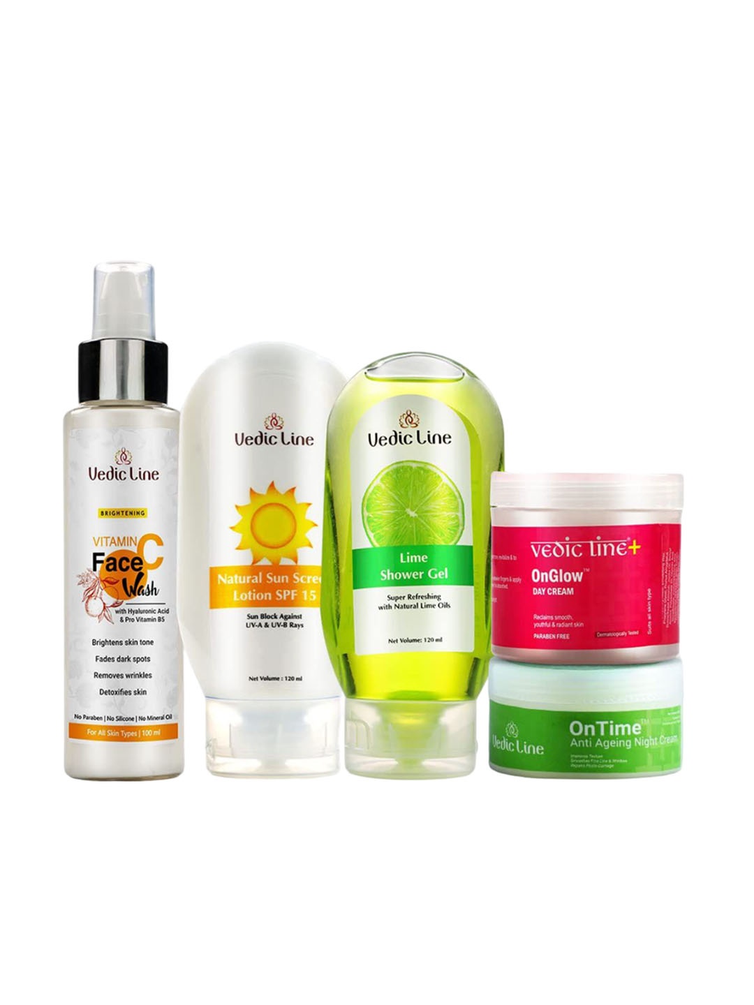 

Vedicline Vitamin C Face Wash, Sunscreen, Shower Gel, Day Cream & Night Cream Combo, Multi