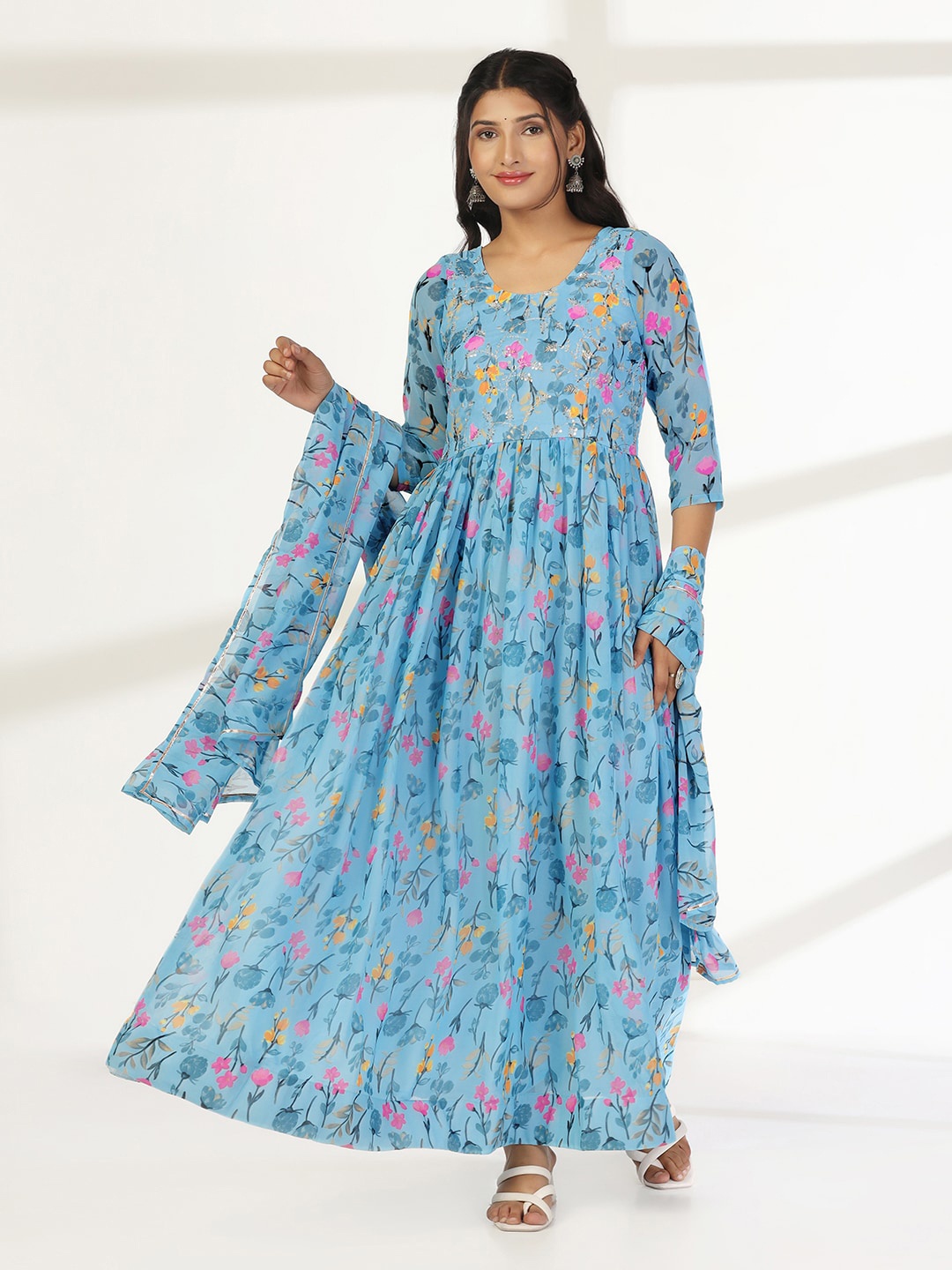 

FASHION DREAM Floral Print Georgette Fit and Flared Maxi Ethnic Dress With Dupatta, Blue