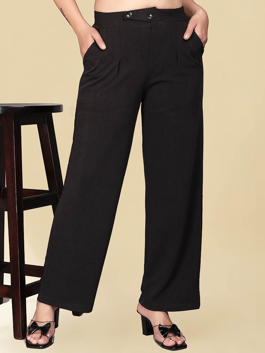 

N N ENTERPRISE Women Relaxed High-Rise Easy Wash Trousers, Black