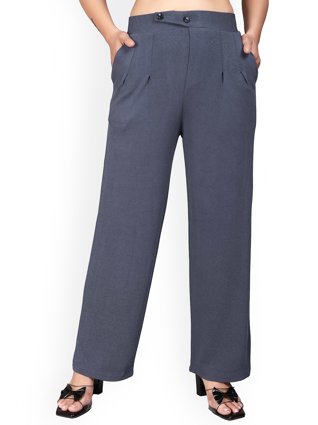

N N ENTERPRISE Women Relaxed High-Rise Easy Wash Pleated Trousers, Grey
