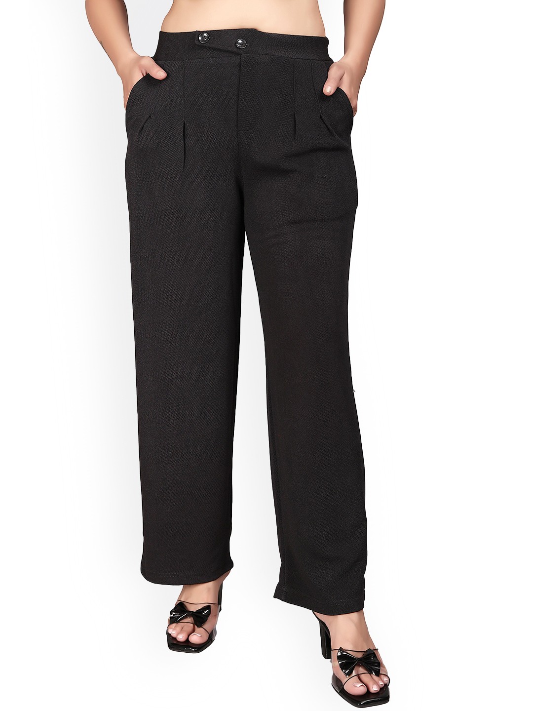 

N N ENTERPRISE Women Relaxed High-Rise Easy Wash Trousers, Black