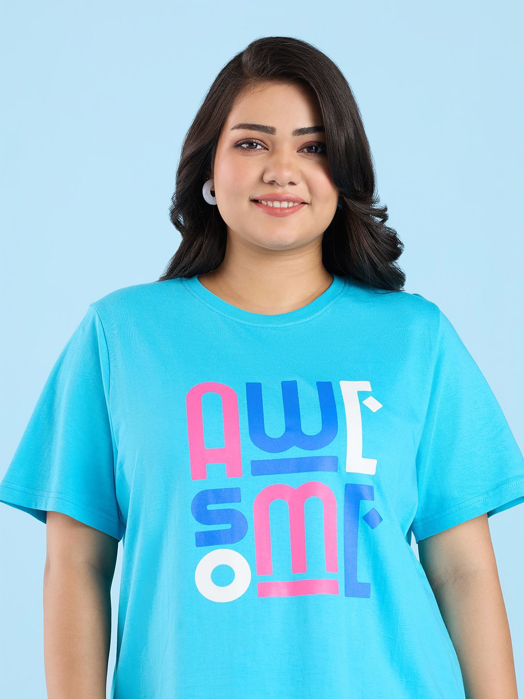 Big Hello - The Plus Life Women Typography Printed Round Neck Pure Cotton T-shirt, Blue