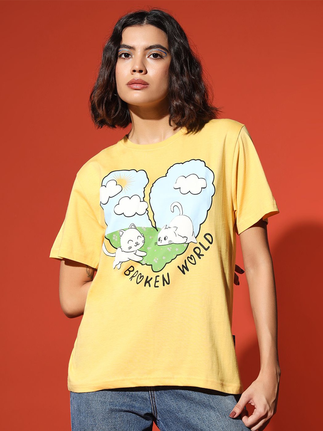 

The Dry State Women Printed Oversized Cotton T-shirt, Yellow