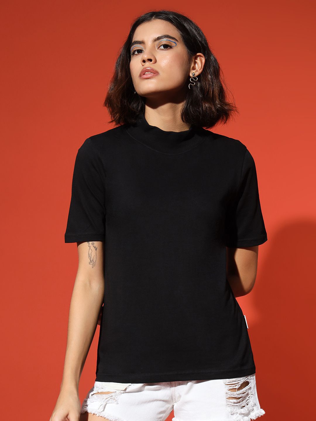 

The Dry State Women High Neck Solid Cotton T-shirt, Black