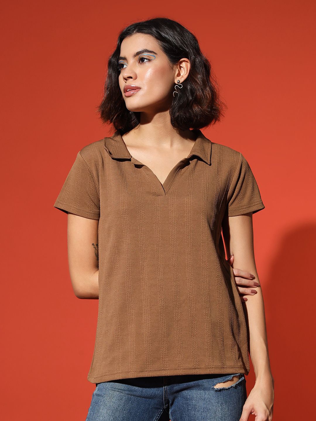 

The Dry State Women Polo Collar Self Designed T-shirt, Brown