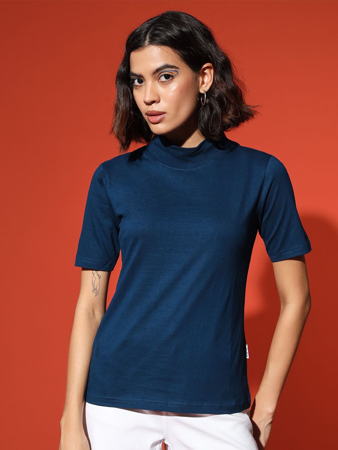 

The Dry State Women High Neck Solid T-shirt, Blue