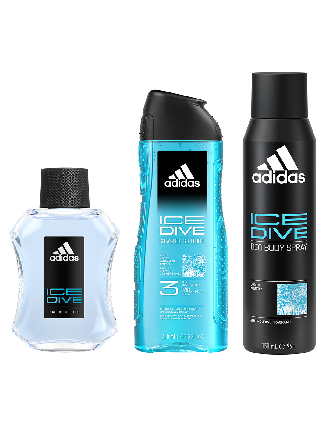 

ADIDAS Men Ice Dive Combo - Eau De Toilette 100 ml + Body Spray 96 g + Shower Gel 400 ml, Blue