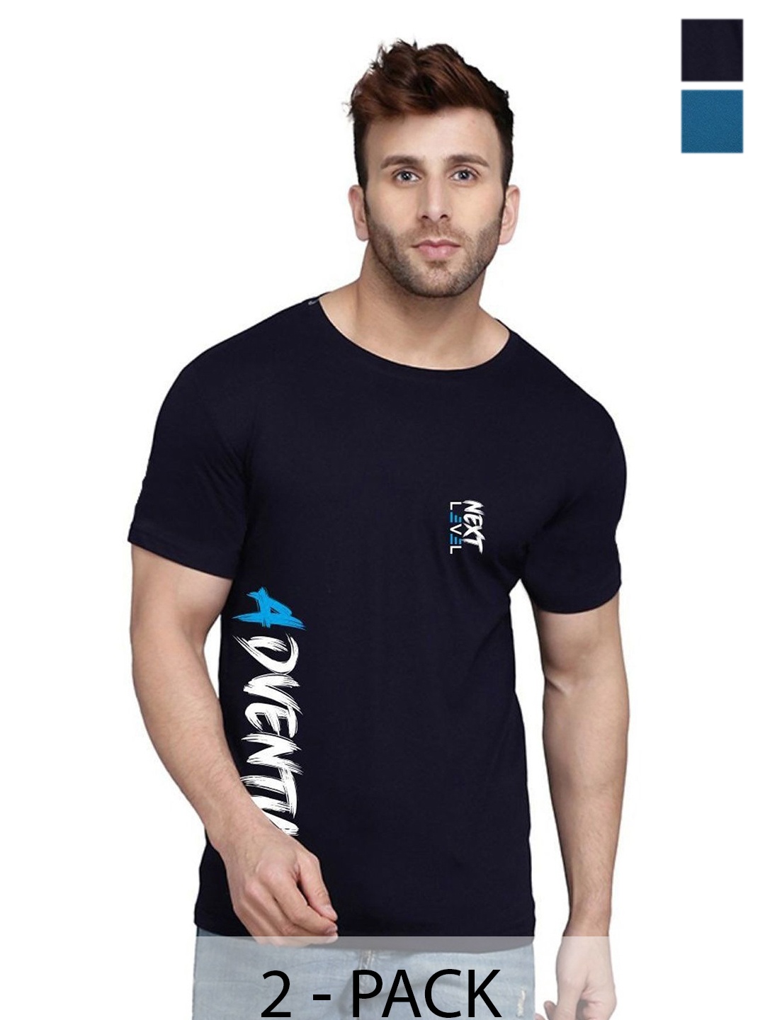 

SLOWLORIS Men Pack of 2 Typography Printed T-shirt, Navy blue