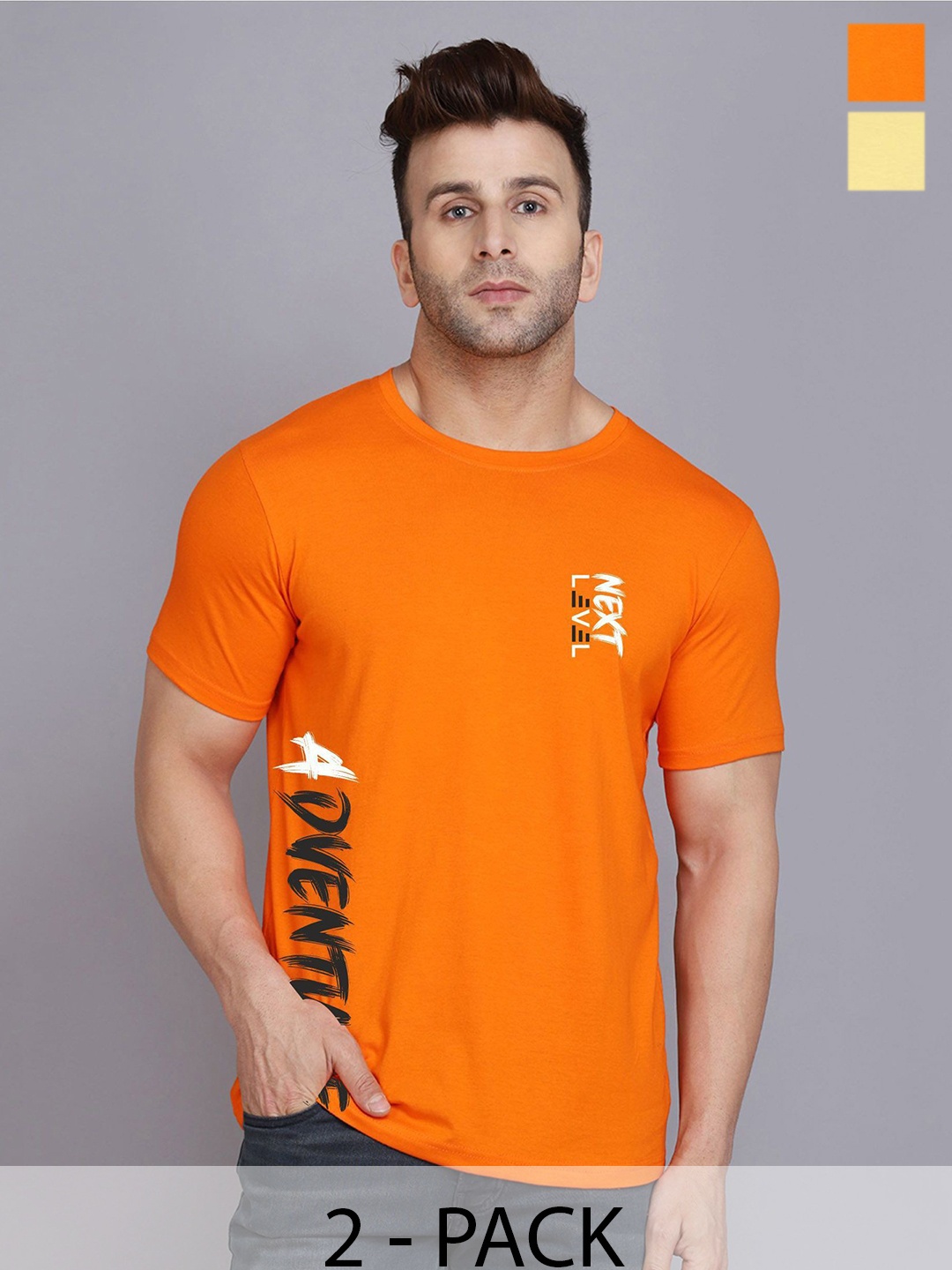 SLOWLORIS Men Pack of 2 Typography Printed T-shirt, Orange