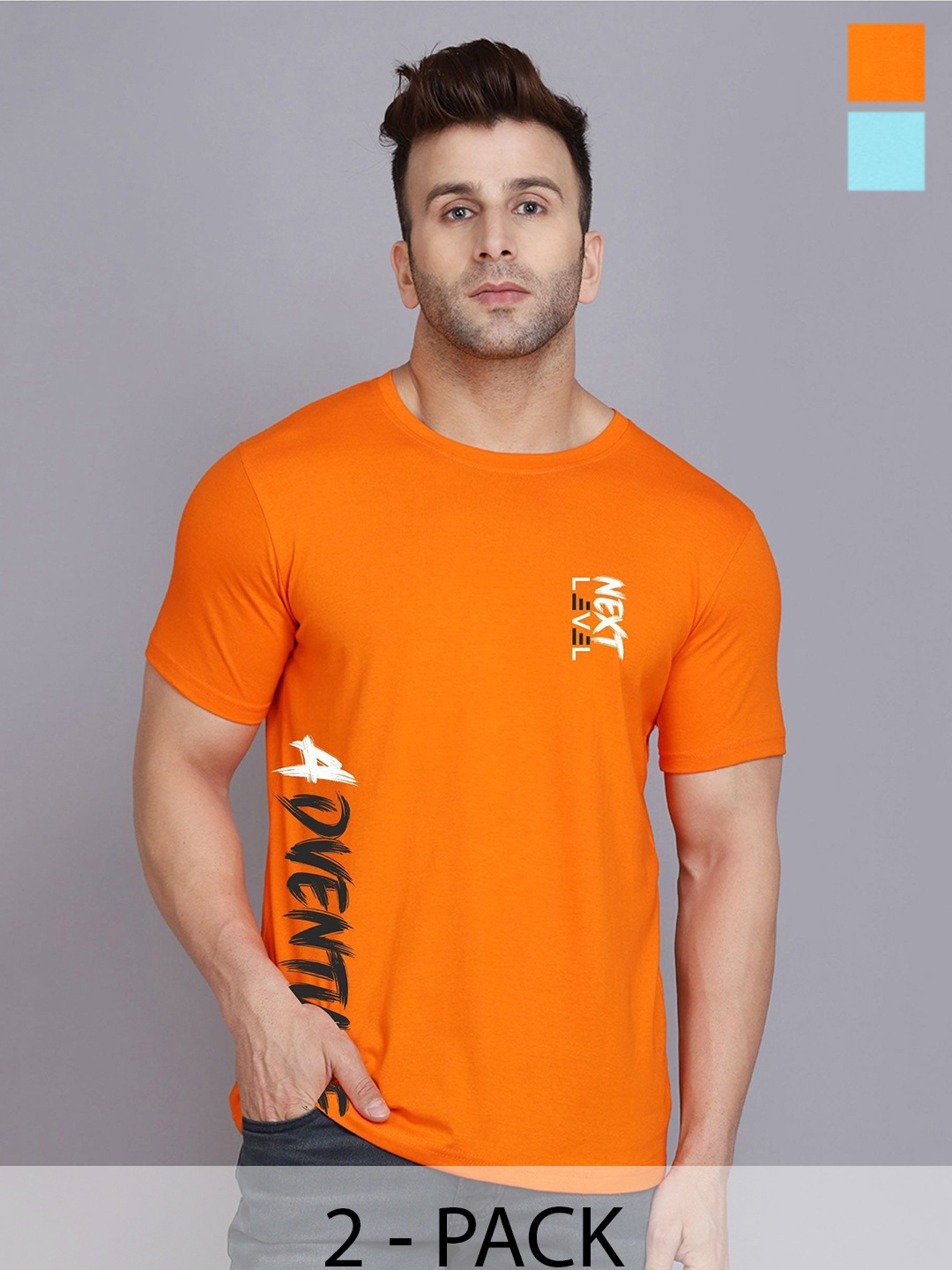 

SLOWLORIS Men Pack of 2 Typography Printed T-shirt, Orange