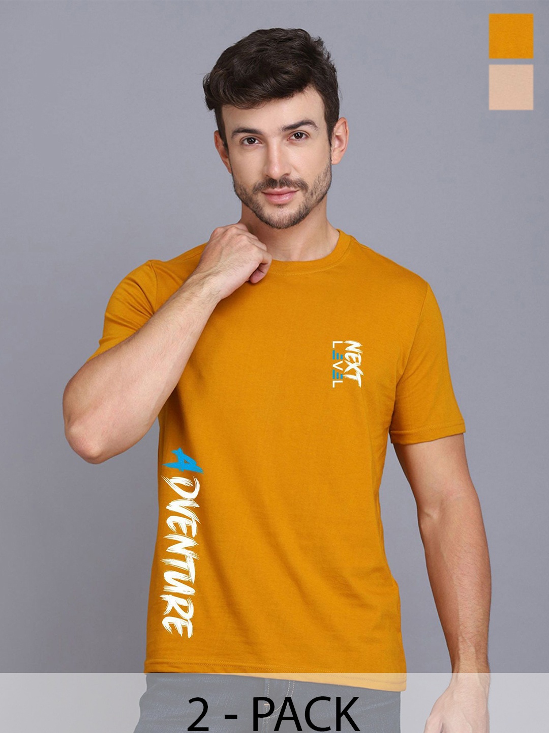 

SLOWLORIS Men Pack Of 2 Typography Printed T-shirt, Mustard