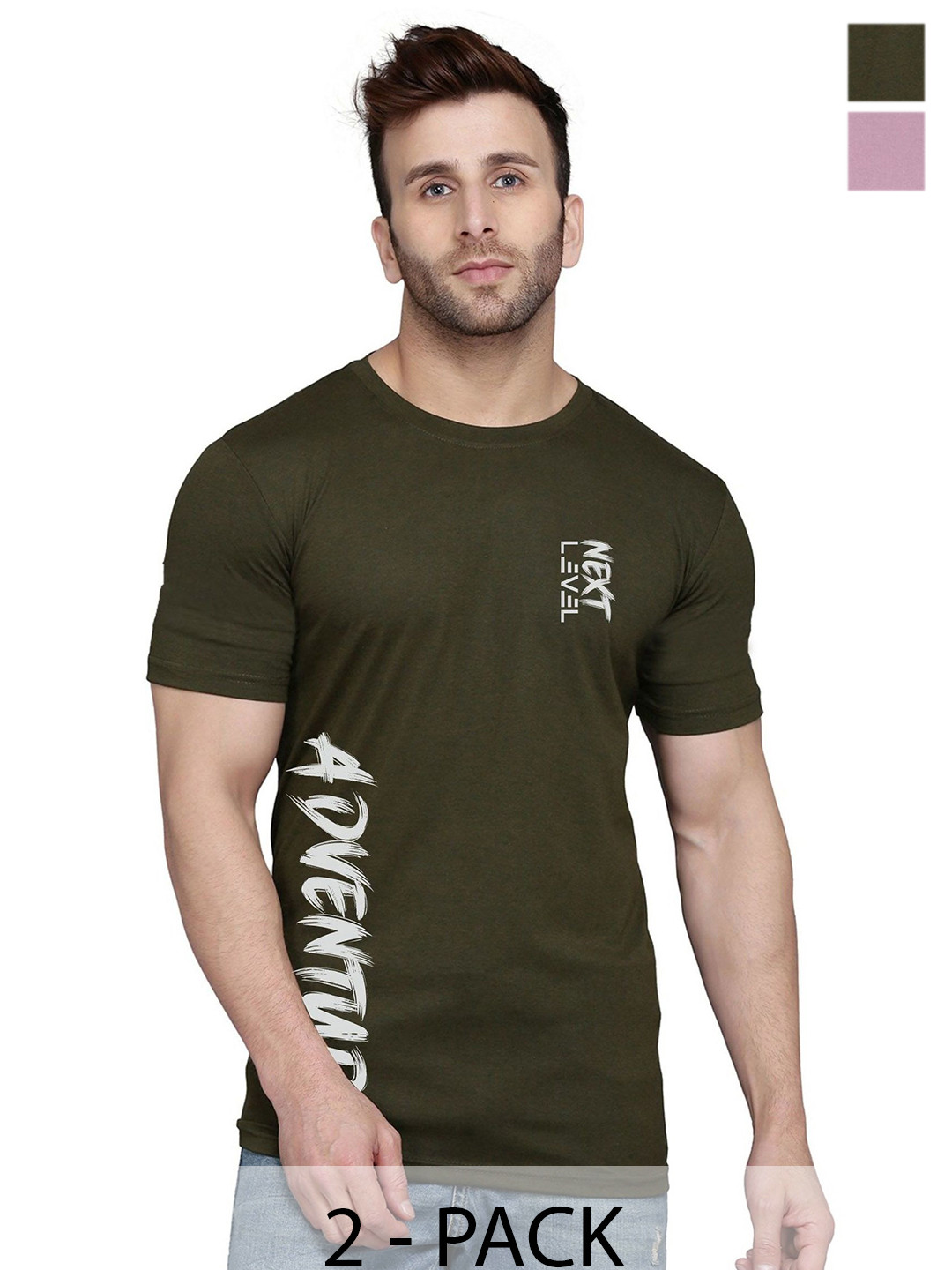 

SLOWLORIS Men Pack Of 2 Typography Printed T-shirt, Olive