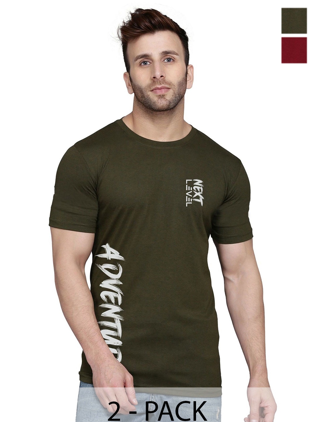 

SLOWLORIS Men Pack Of 2 Typography Printed T-shirt, Olive