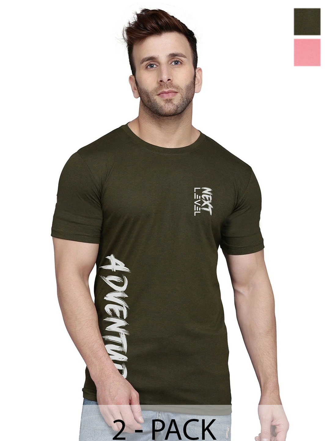

SLOWLORIS Men Pack Of 2 Typography Printed T-shirt, Olive