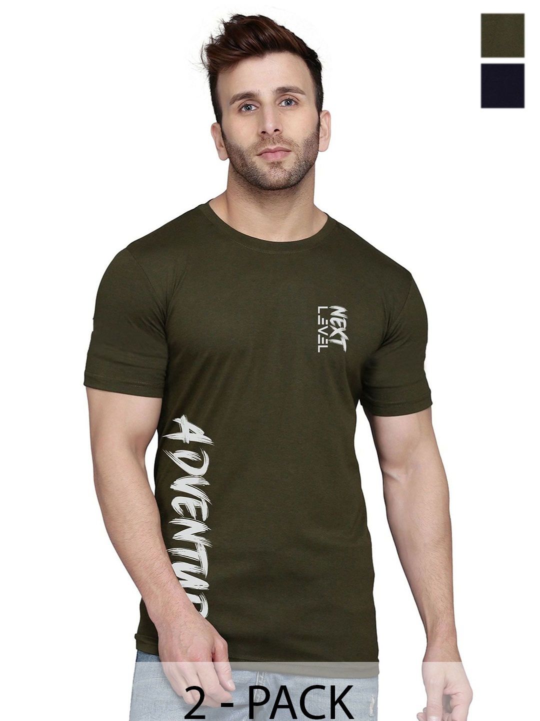 

SLOWLORIS Men Pack of 2 Typography Printed T-shirt, Olive