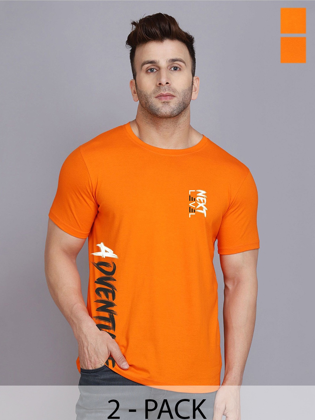 

SLOWLORIS Men Pack Of 2 Typography Printed T-shirt, Orange