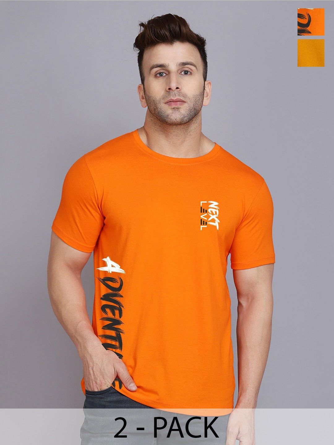 SLOWLORIS Men Pack of 2 Typography Printed T-shirt, Orange