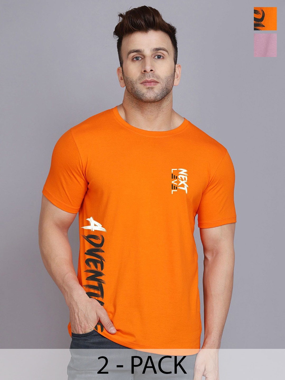

SLOWLORIS Men Pack Of 2 Typography Printed T-shirt, Orange