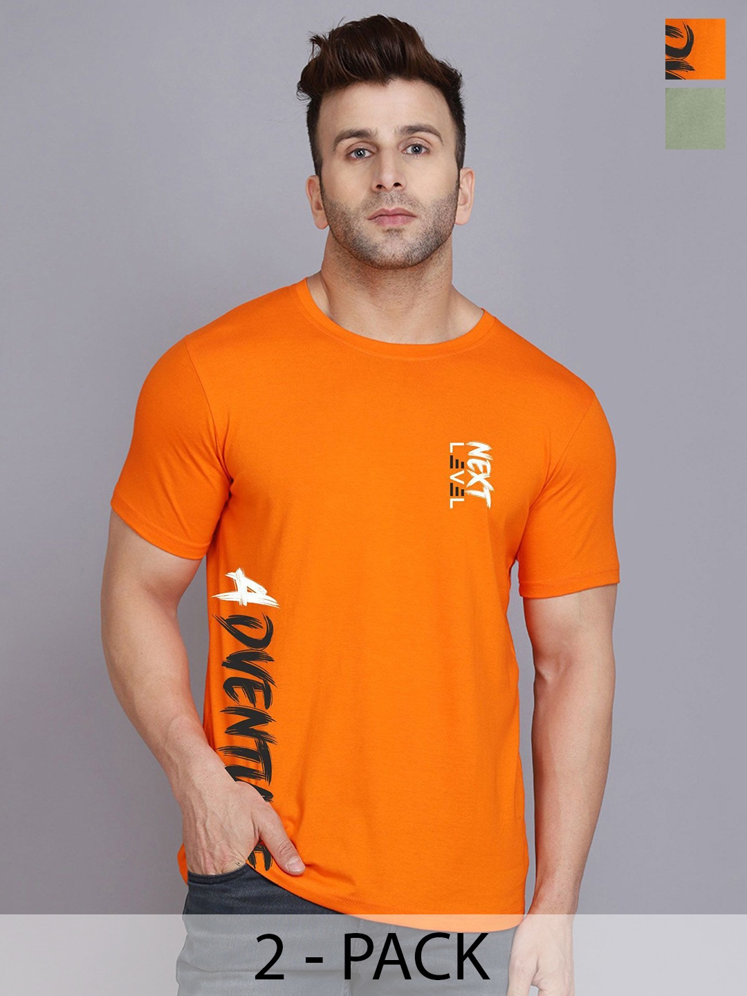 

SLOWLORIS Men Pack Of 2 Typography Printed T-shirt, Orange