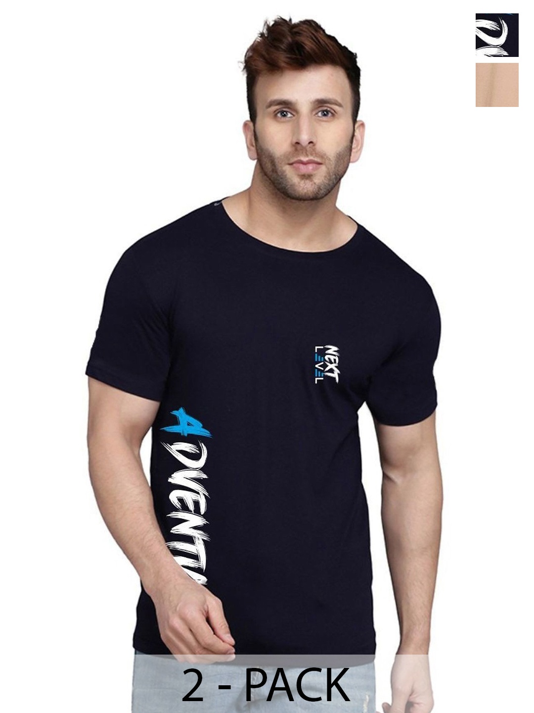 SLOWLORIS Men Pack Of 2 Typography Printed T-shirt, Navy blue