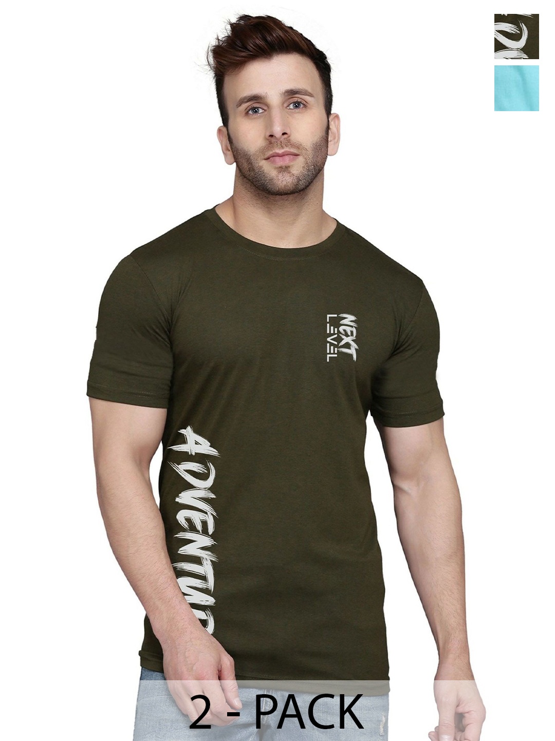 

SLOWLORIS Men Pack Of 2 Typography Printed T-shirt, Olive