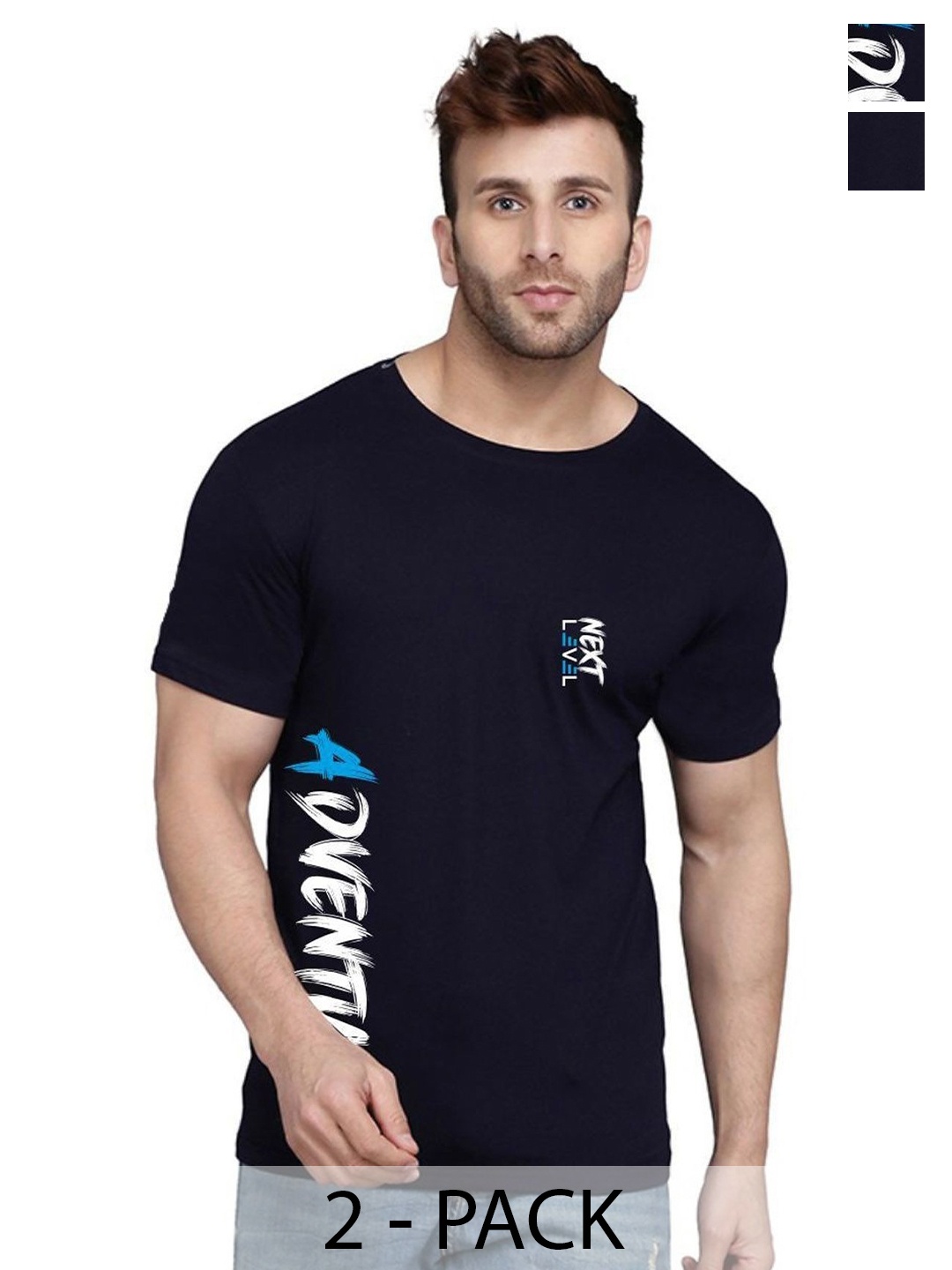 

SLOWLORIS Men Pack of 2 Typography Printed T-shirt, Navy blue