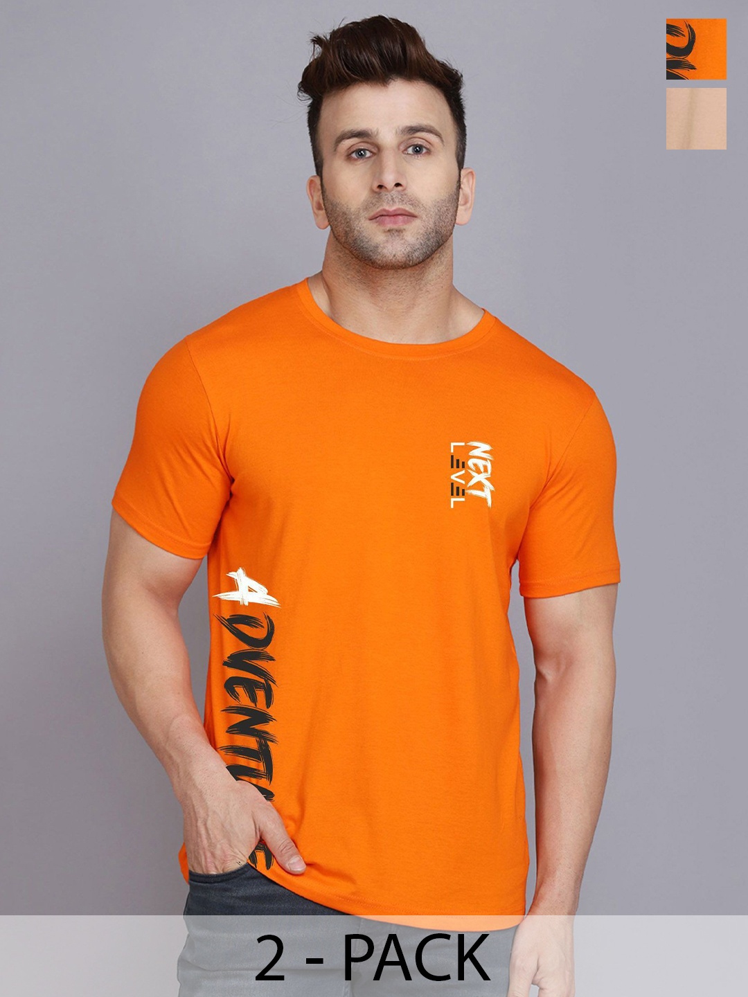 SLOWLORIS Men Pack of 2 Typography Printed T-shirt, Orange