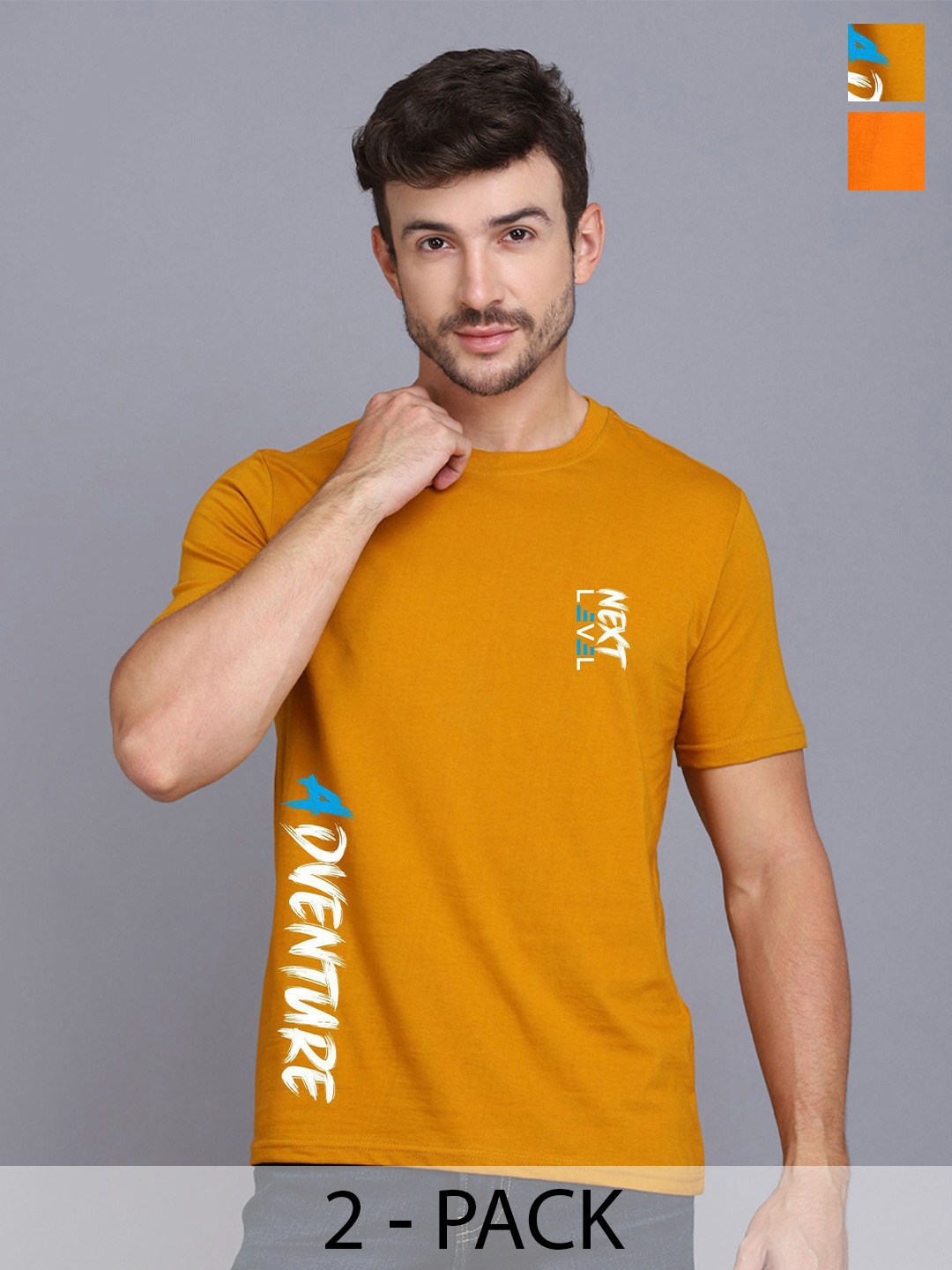 

SLOWLORIS Men Pack Of 2 Typography Printed T-shirt, Mustard
