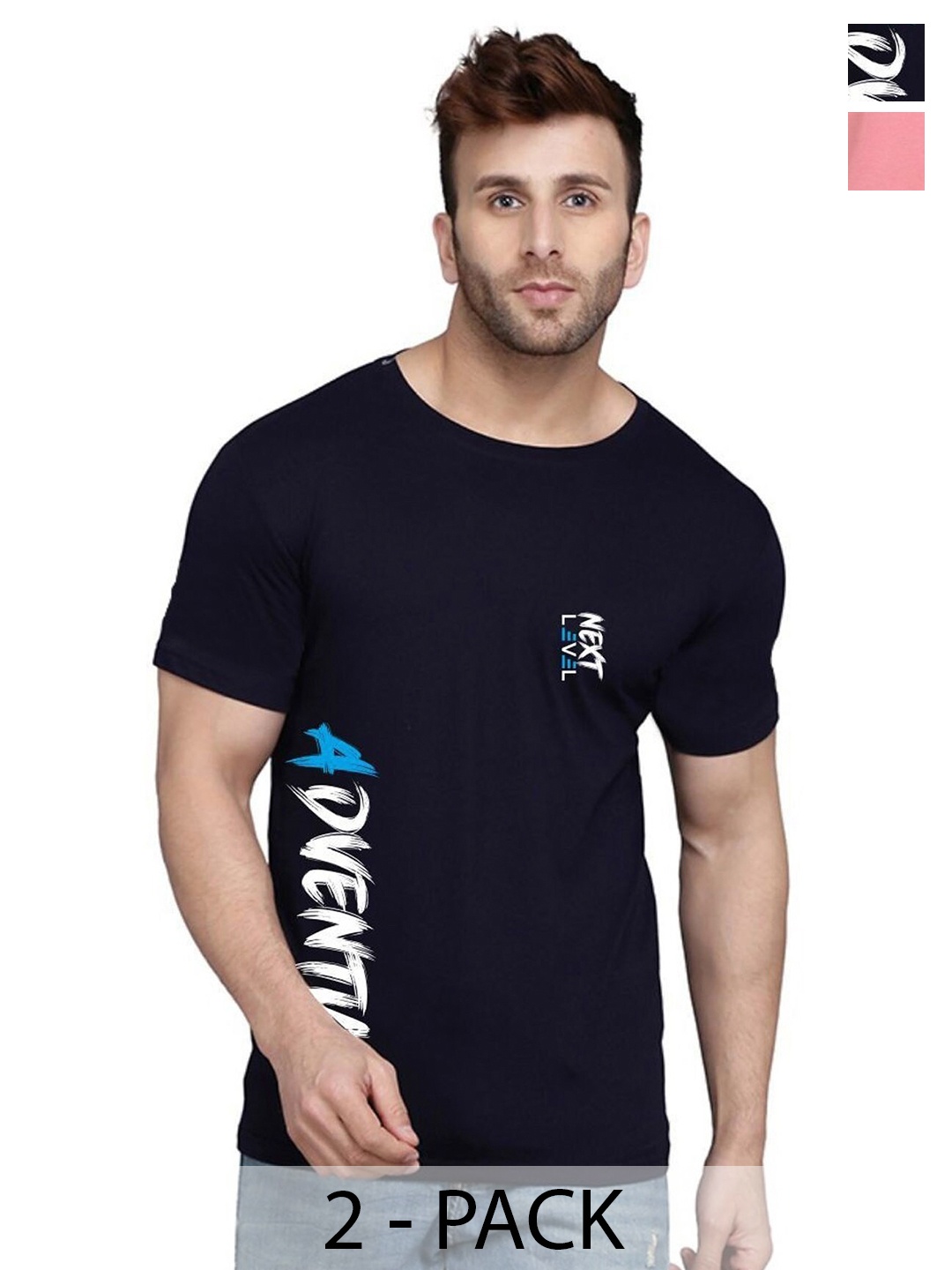 

SLOWLORIS Men Pack of 2 Typography Printed T-shirt, Navy blue
