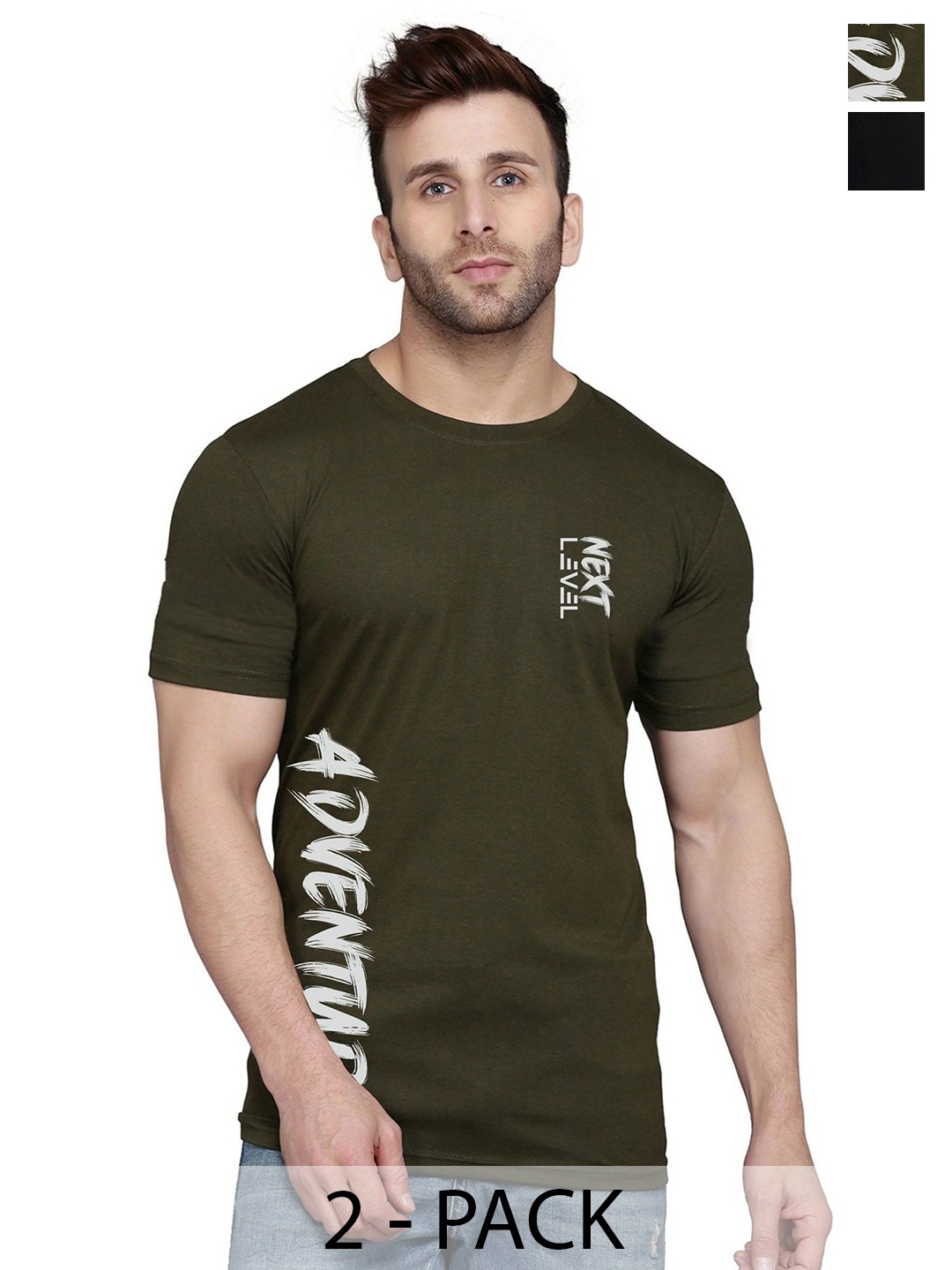 

SLOWLORIS Men Pack of 2 Typography Printed T-shirt, Olive
