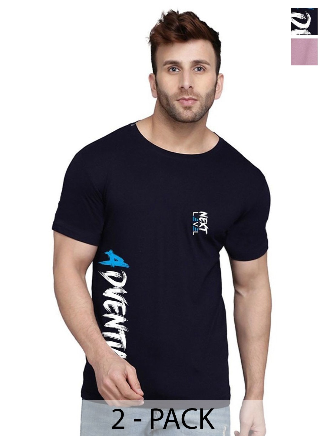 

SLOWLORIS Men Pack of 2 Typography Printed T-shirt, Navy blue