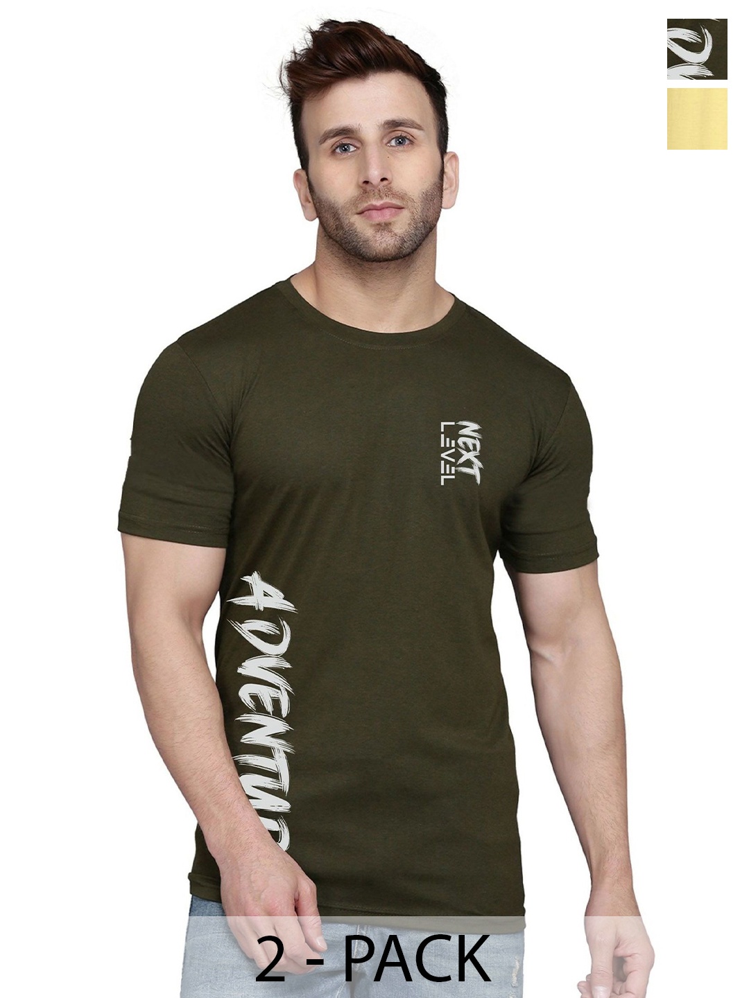 

SLOWLORIS Men Pack Of 2 Typography Printed T-shirt, Olive