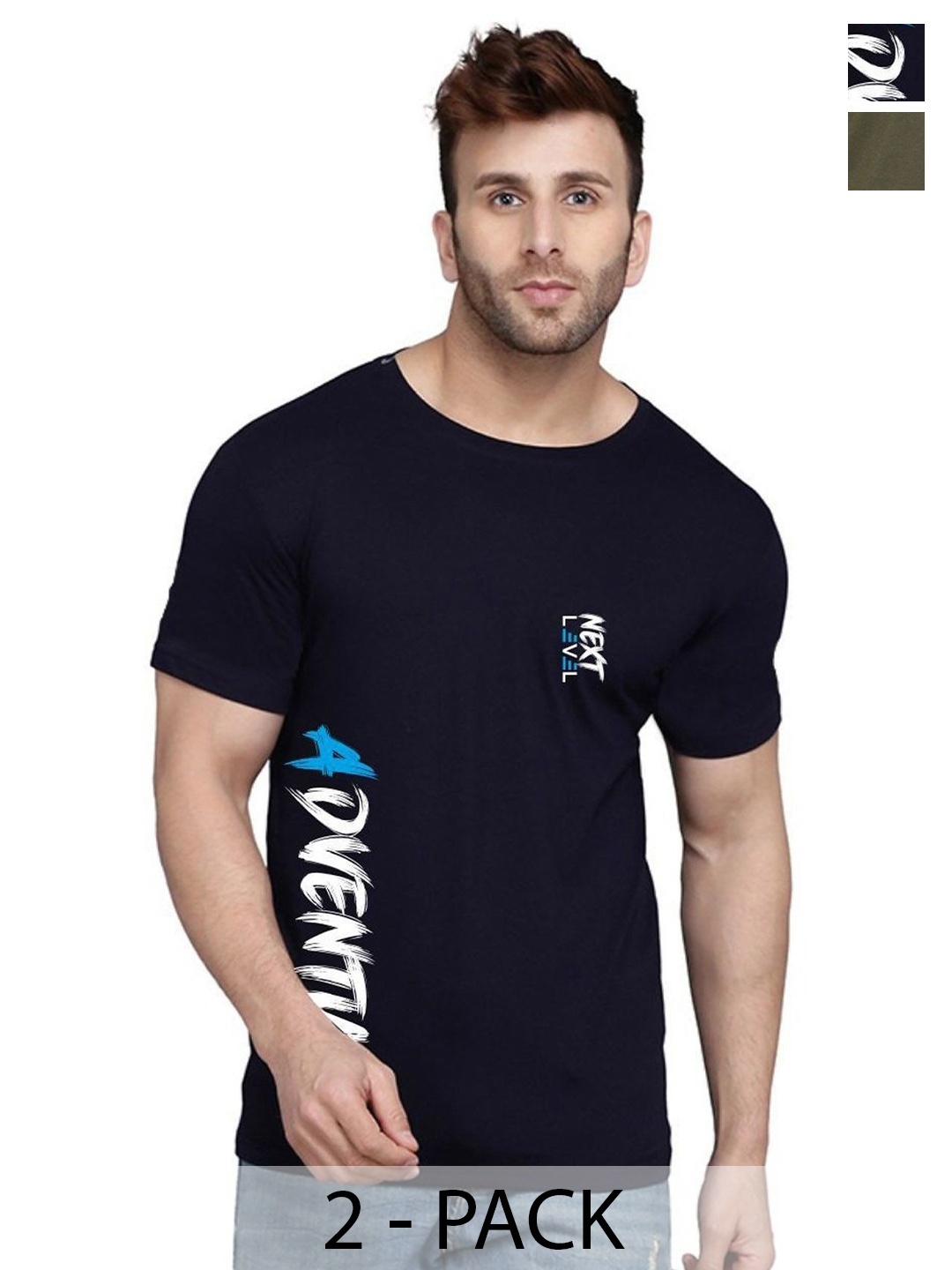 SLOWLORIS Men Pack of 2 Typography Printed T-shirt, Navy blue