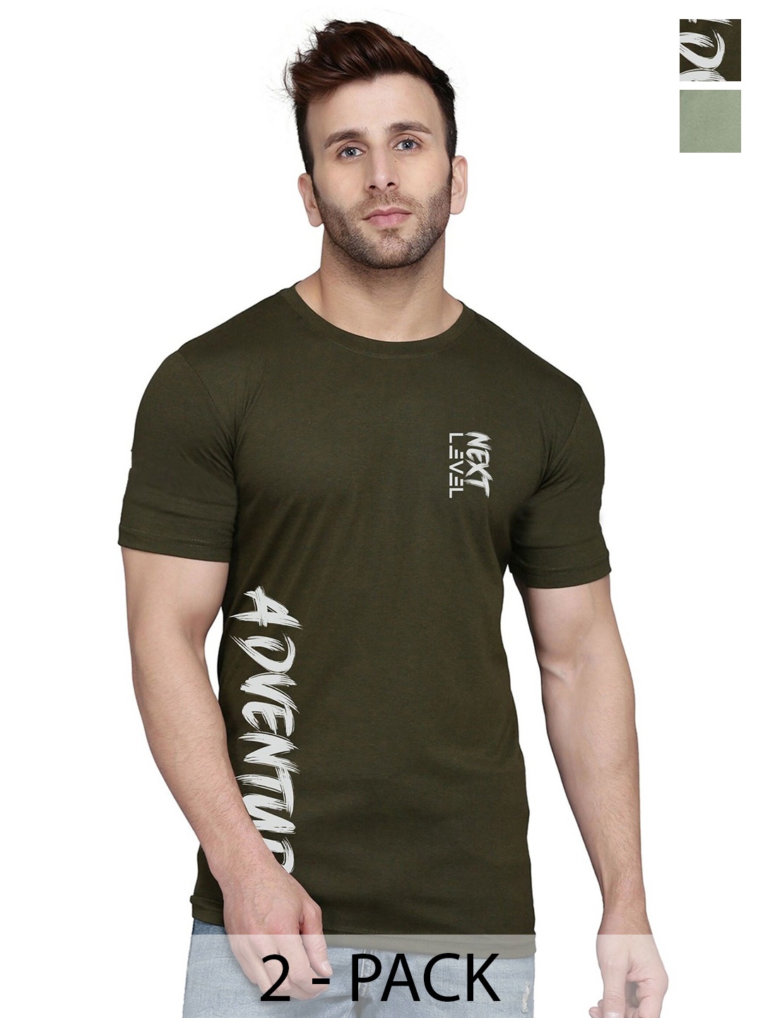 SLOWLORIS Men Pack of 2 Typography Printed T-shirt, Olive