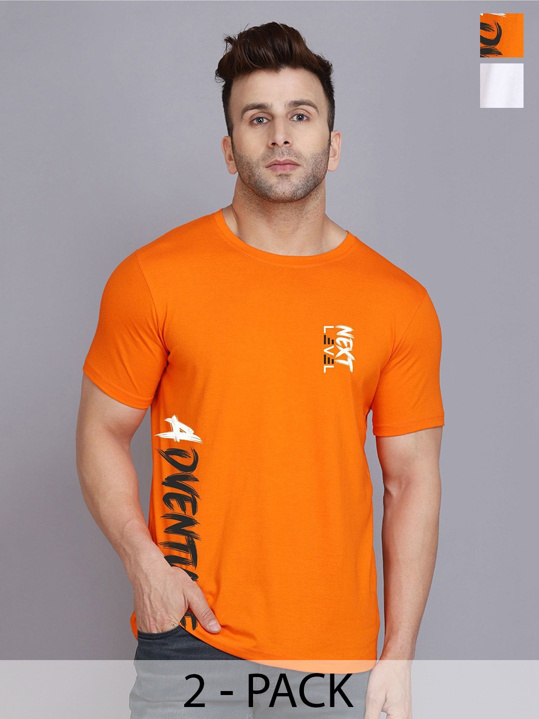 

SLOWLORIS Men Pack Of 2 Typography Printed T-shirt, Orange