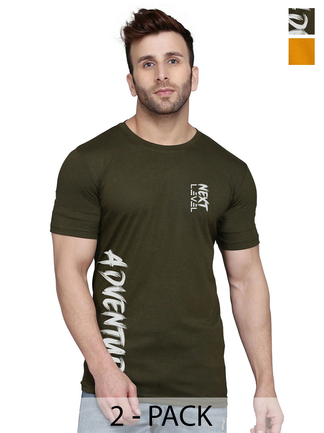 

SLOWLORIS Men Pack Of 2 Typography Printed T-shirt, Olive