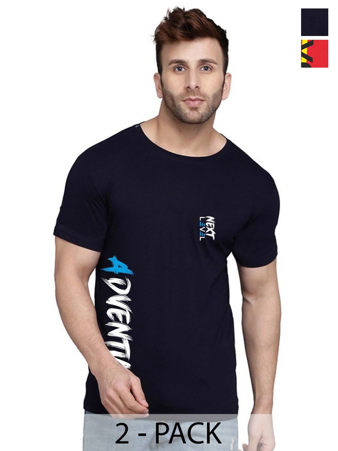 

SLOWLORIS Men Pack Of 2 Typography Printed T-shirt, Navy blue