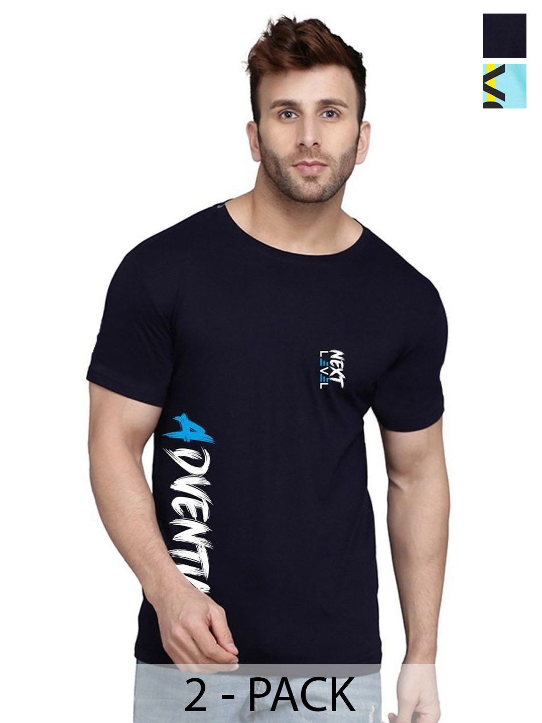 

SLOWLORIS Men Pack of 2 Typography Printed T-shirt, Navy blue