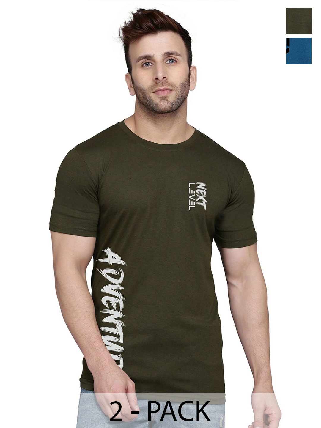 SLOWLORIS Men Pack Of 2 Typography Printed T-shirt, Olive