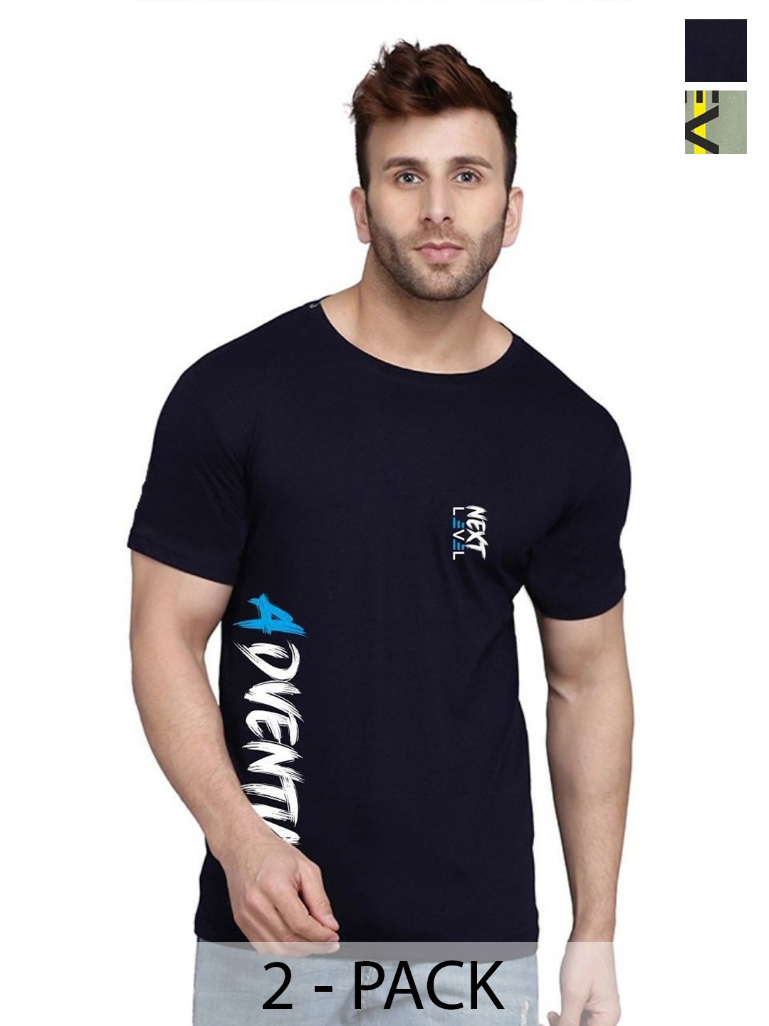 

SLOWLORIS Men Pack of 2 Typography Printed T-shirt, Navy blue