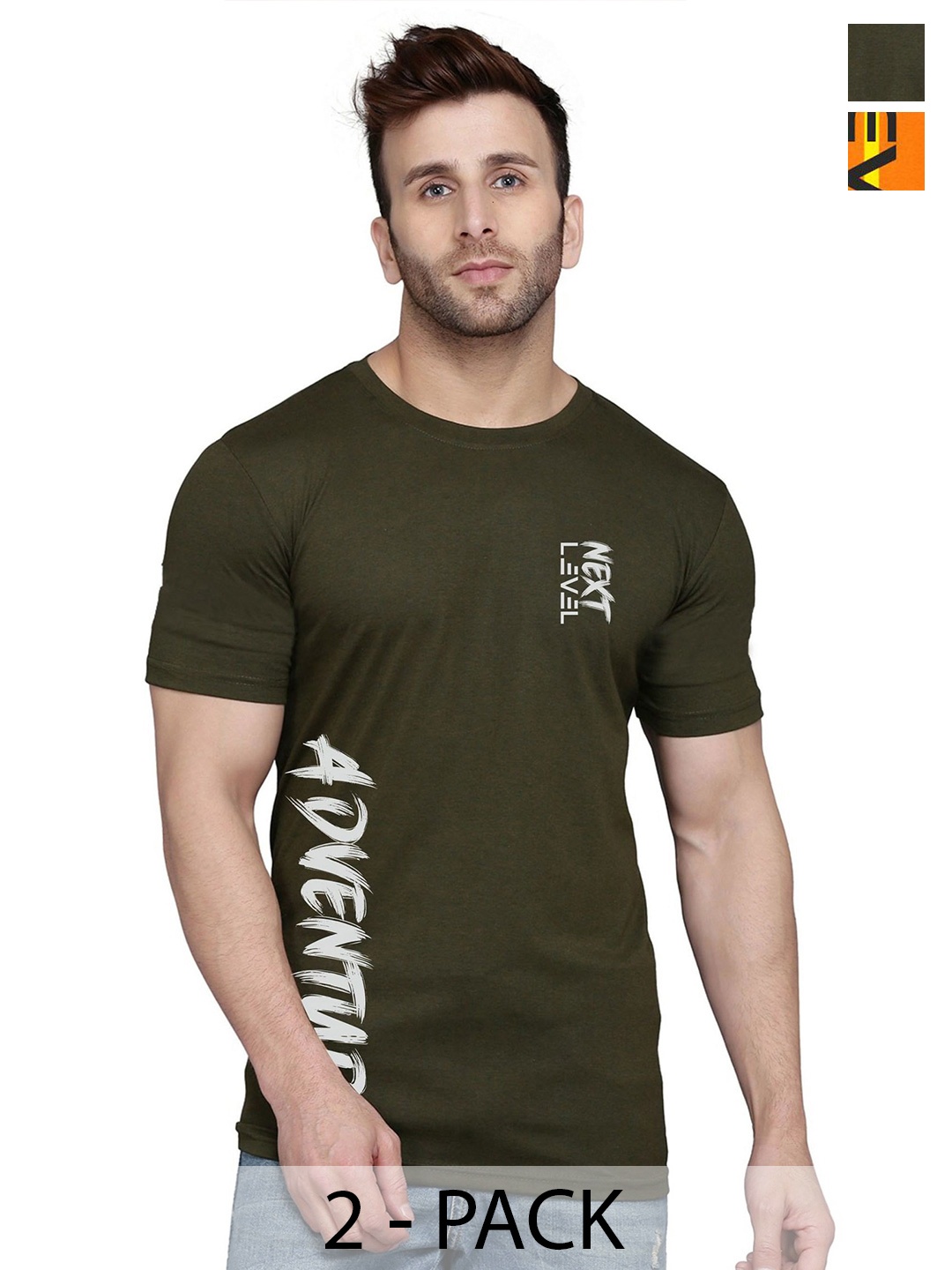 

SLOWLORIS Men Pack Of 2 Typography Printed T-shirt, Olive